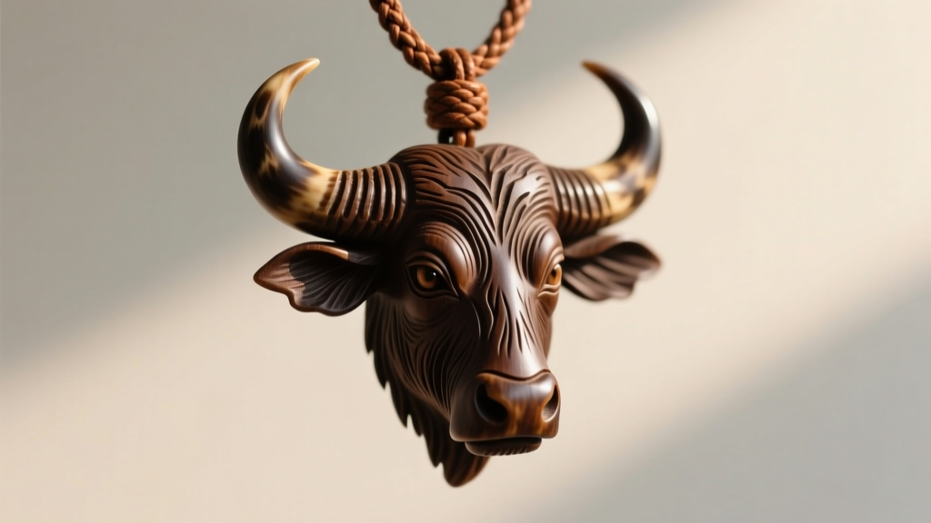 Close-up of a rustic buffalo head pendant carved from dark brown water buffalo horn, suspended on a braided leather cord in sunlight.