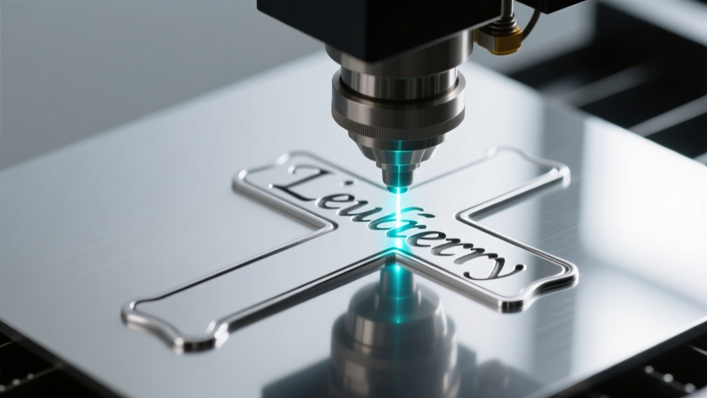 Macro photography of a fiber laser engraving machine etching tiny serif typography onto a flat sterling silver cross surface.