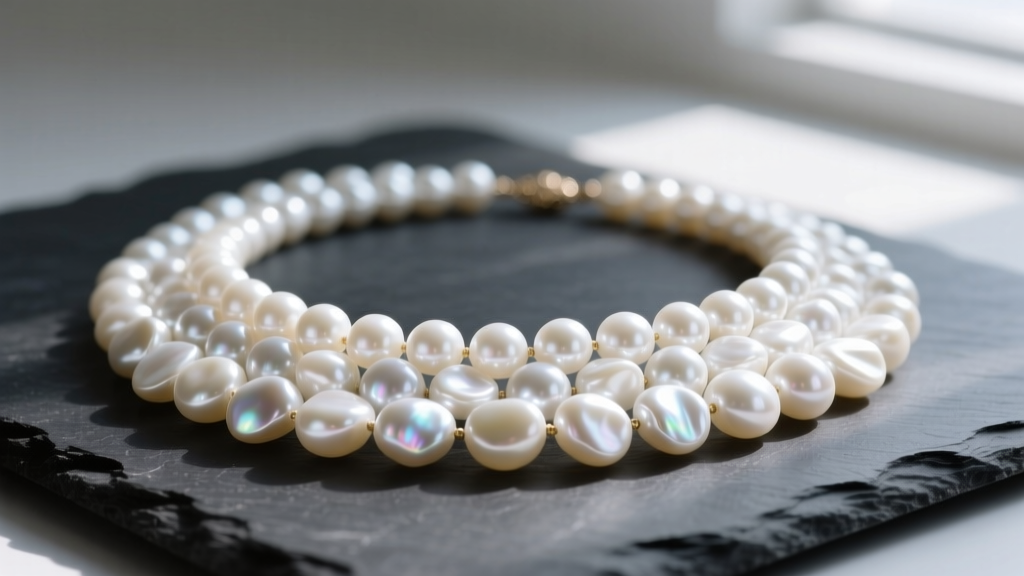 18-inch baroque pearls necklace with irregular white freshwater pearls showing high luster, resting on a dark slate surface