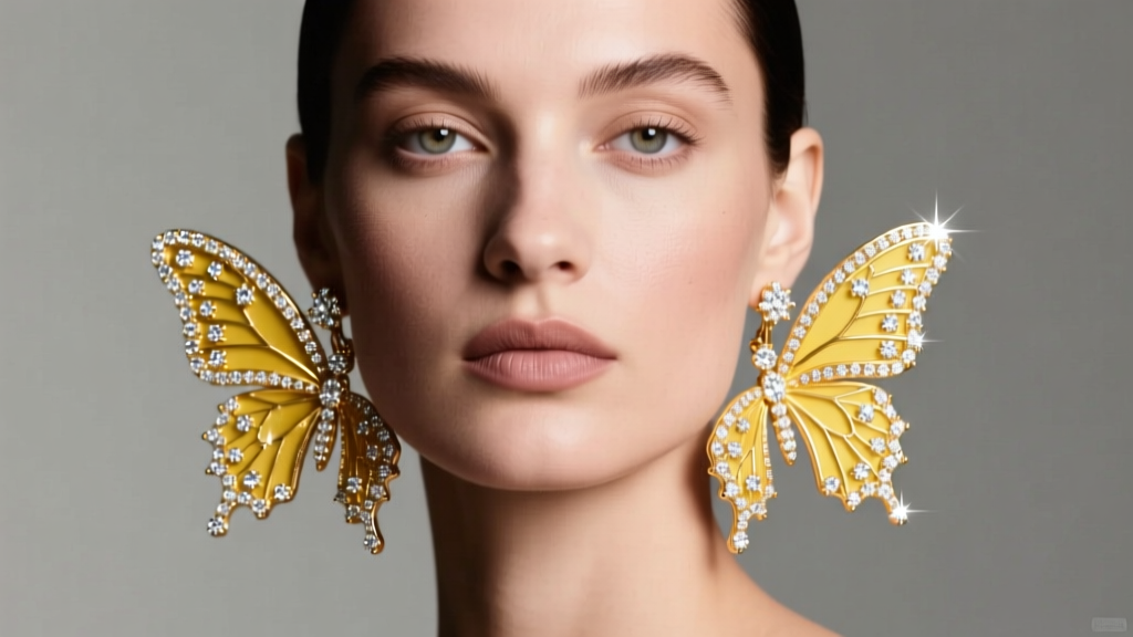 Model wearing oversized 18k yellow gold big butterfly earrings with pavé diamond accents under soft studio lighting