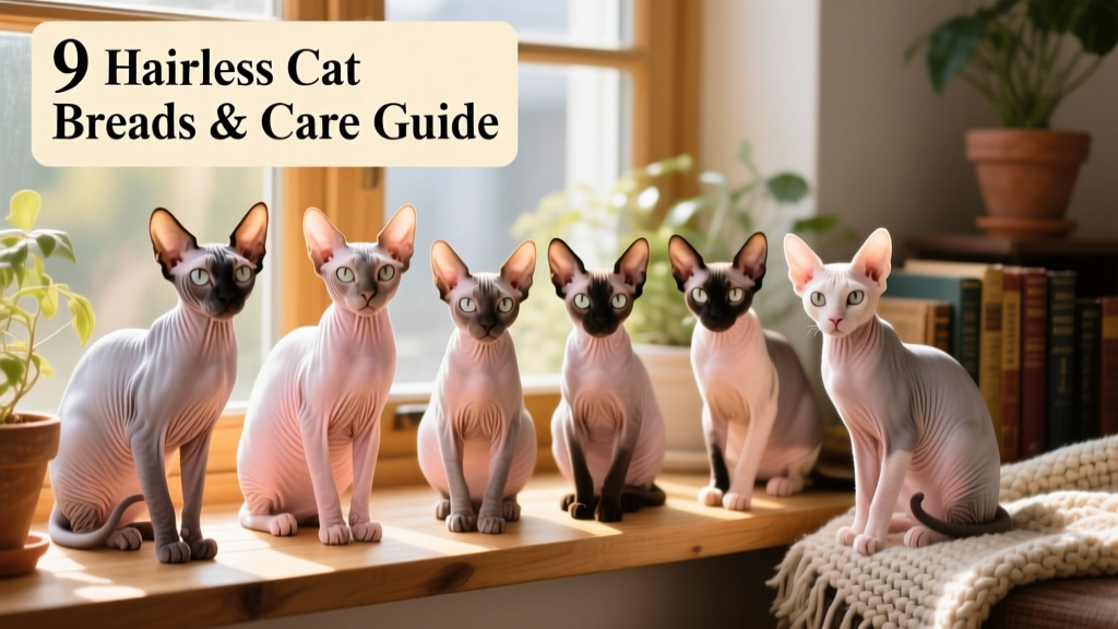 A group of diverse hairless cats posing together on a sunlit windowsill