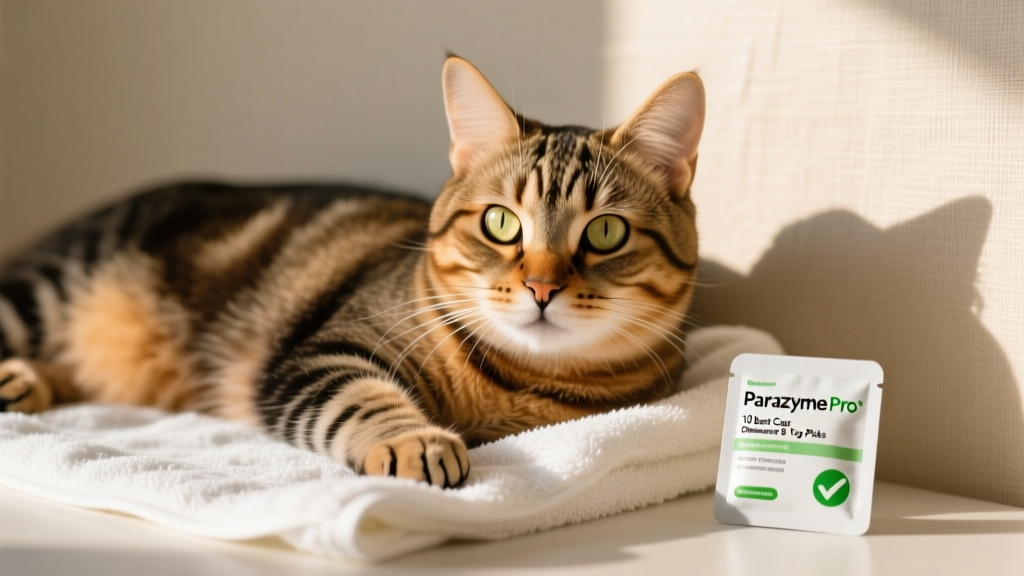 Close-up of a healthy adult cat lying comfortably on a clean towel, with a small, clearly labeled dewormer package beside it