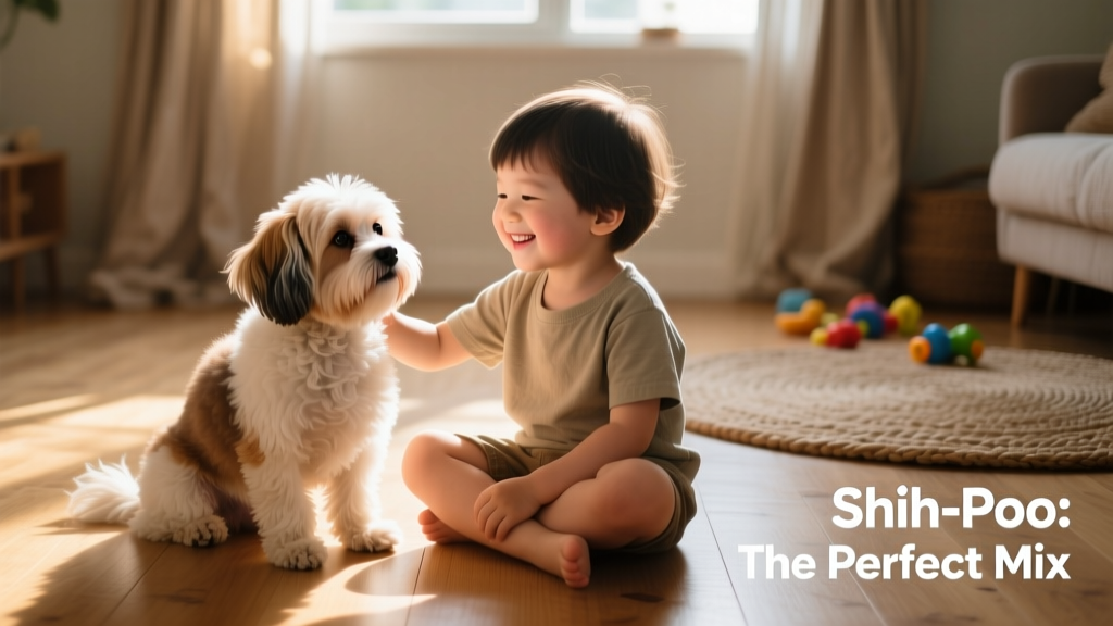 A smiling child sitting cross-legged on the floor, gently petting a calm, relaxed Shih-Poo