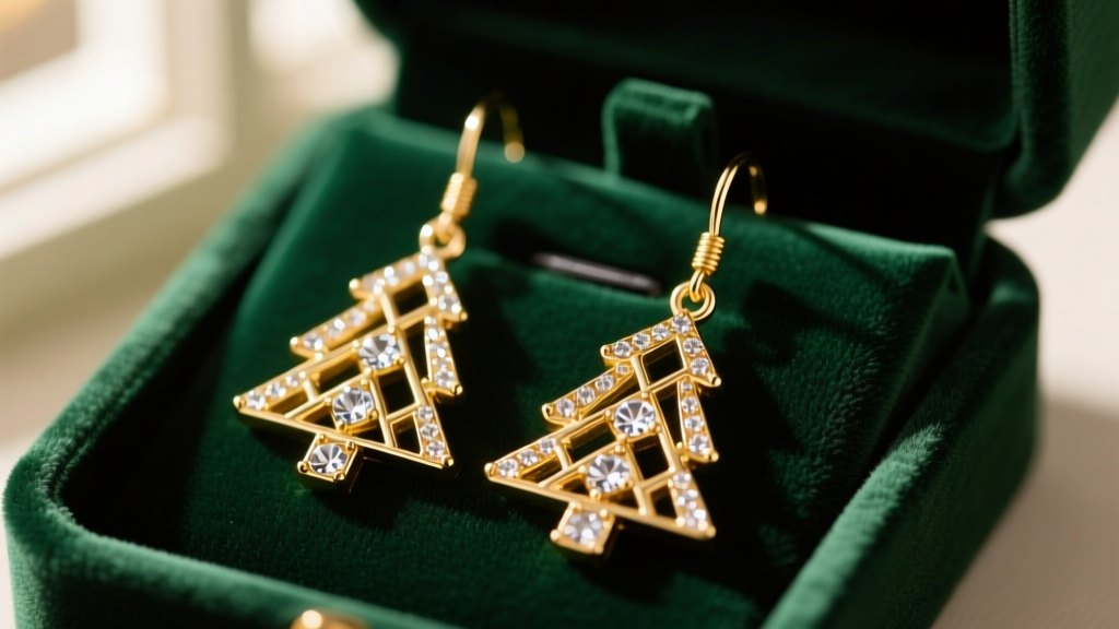 Close-up of sparkling gold-plated BaubleBar Christmas tree drop earrings resting on a dark green velvet holiday jewelry display box.