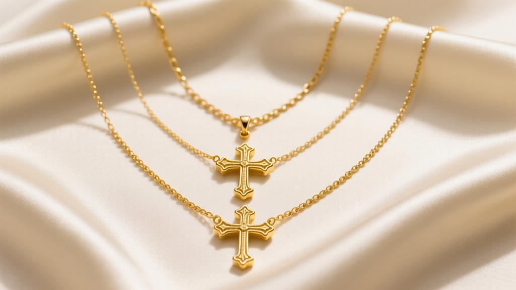 Flat lay of three layered 14k yellow gold cross necklaces of varying lengths on cream silk, shot from above in soft natural light