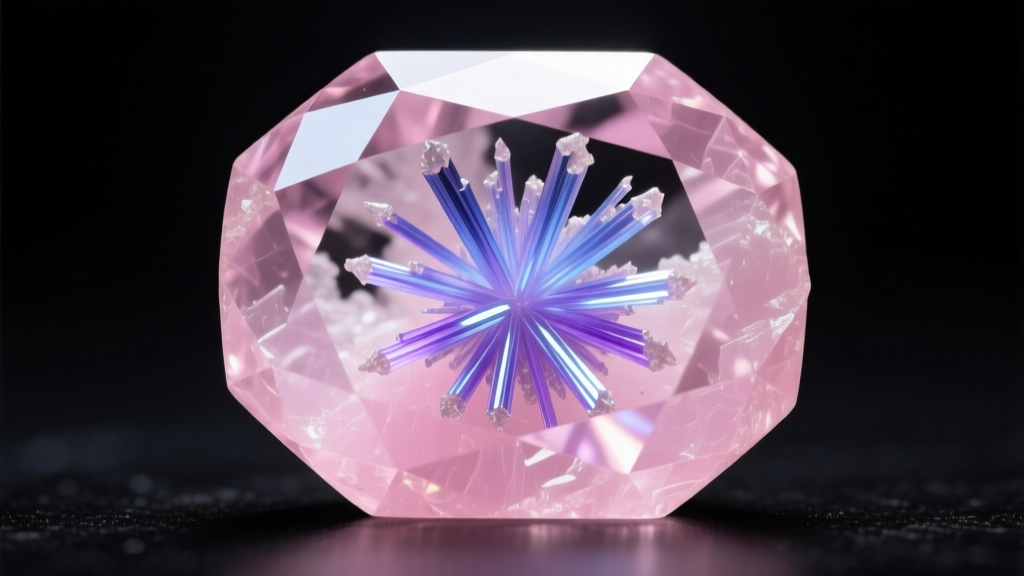Macro photography showing the internal dumortierite needle inclusions inside a high-grade translucent pink rose quartz gemstone.