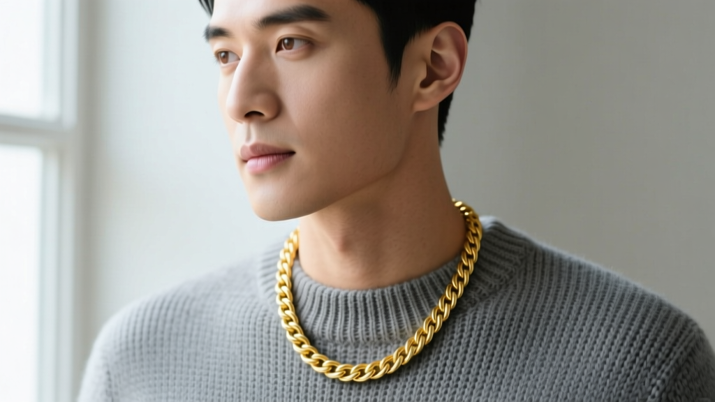 Close-up of a man wearing a minimalist 1.5mm 14k yellow gold cable chain against a grey crewneck sweater in soft natural lighting.