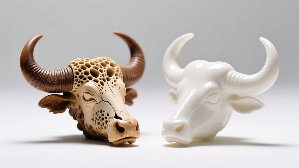 Macro photo showing porous texture of authentic carved buffalo bone next to a smooth plastic replica under bright studio lighting.