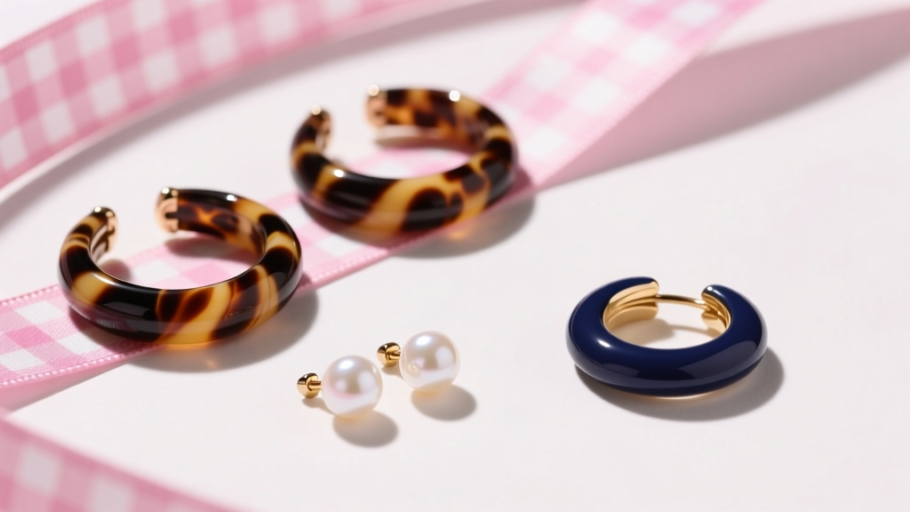 Flat lay of tortoiseshell hoops, freshwater pearl studs, and navy enamel huggies resting on a pink gingham ribbon background.