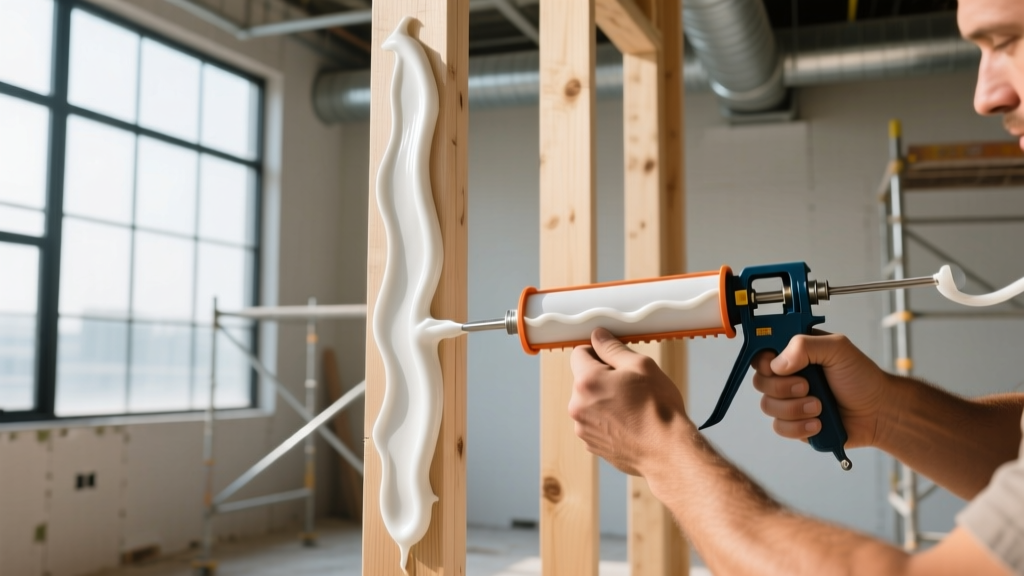 Contractor applying a thick bead of white gypsum board adhesive from a caulking gun onto a wood stud framing system