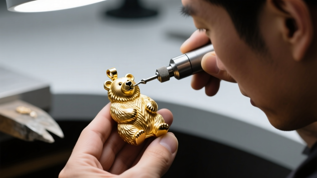 Jeweler using a flex shaft to polish recessed fur details of a cast gold brother bear pendant under bright jewelry bench lighting.