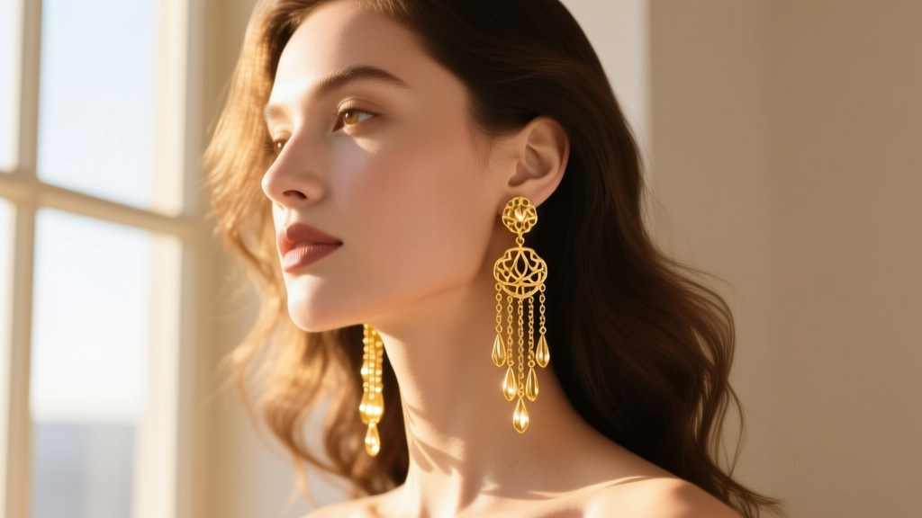 Profile of a woman wearing articulated 22k gold long chandelier earrings, capturing movement and warm glow of yellow gold