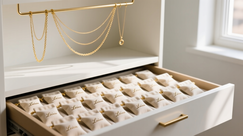 Organized jewelry drawer showing individual anti-tarnish cloth pouches and a hanging organizer holding gold chains