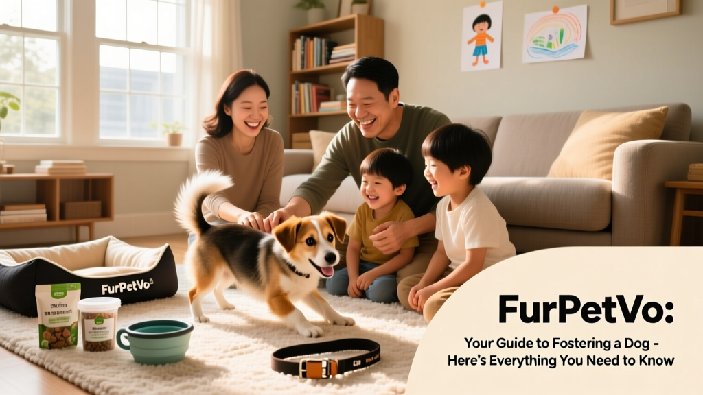 A happy foster family—adults and children—playing gently with a young dog in their living room, surrounded by FurPetVo-branded supplies