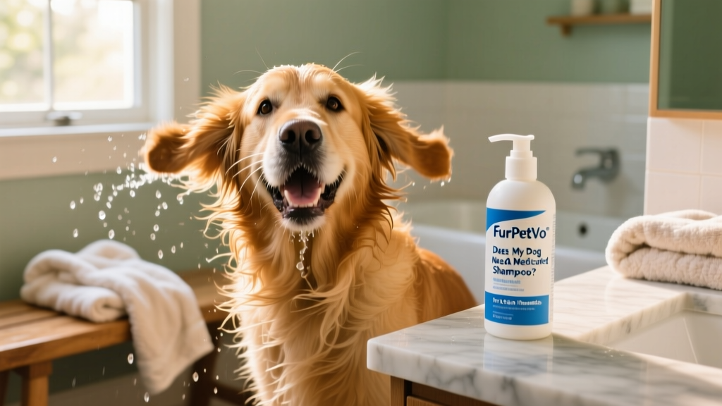 Happy golden retriever shaking water off after a bath, with soft towels nearby and a bottle of FurPetVo medicated shampoo visible on the counter