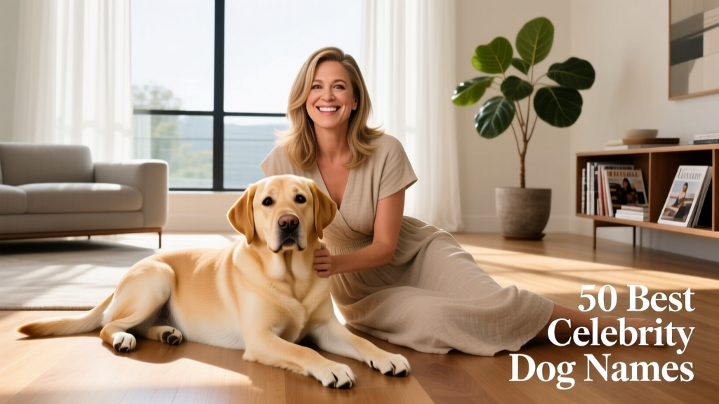 A friendly-looking Labrador named Lord Chesterfield lounging elegantly beside Jennifer Aniston in a sunlit living room