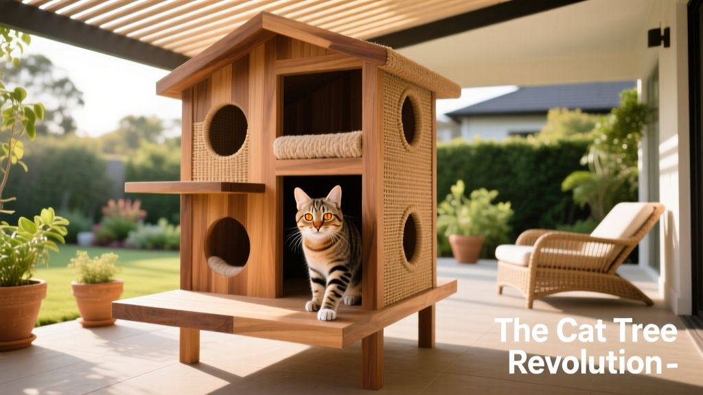 A weather-resistant cat condo placed on a covered patio, with a cat peeking out from the entrance