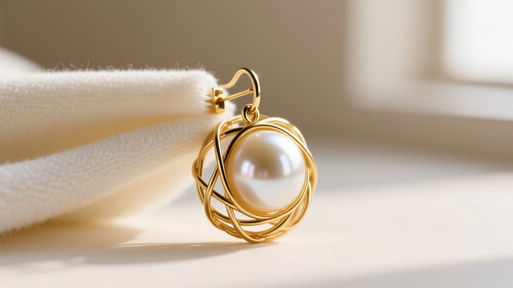 Close-up of a soft cloth polishing a gold vermeil wire earring cage while avoiding direct contact with the delicate pearl surface.