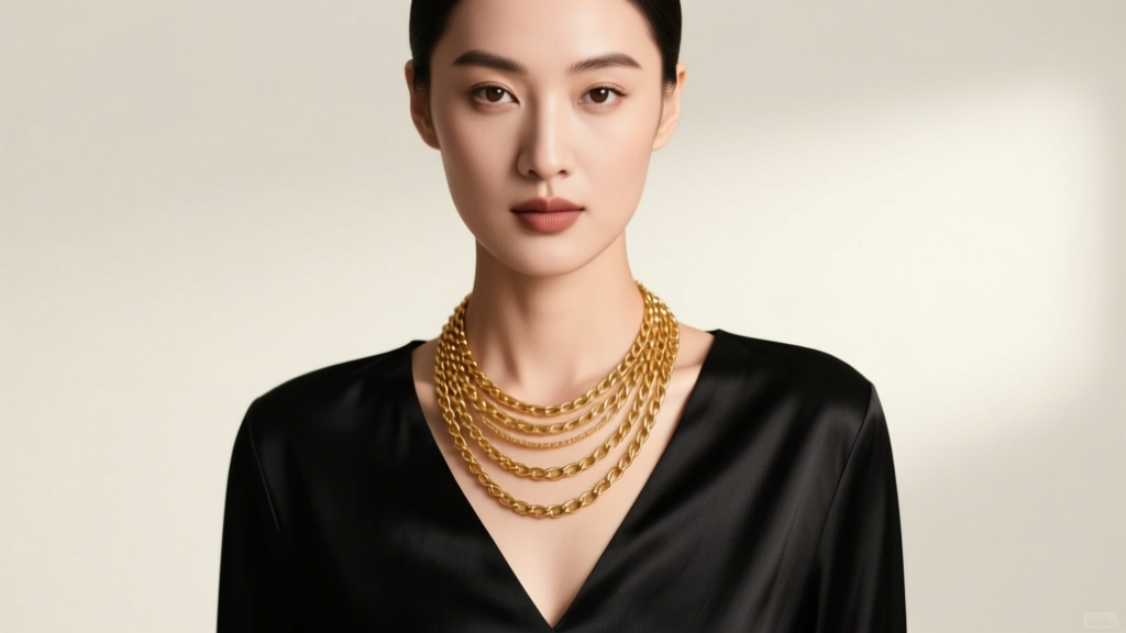 Woman wearing a gold multi necklace over a black silk V-neck top, soft studio light highlighting the metallic chain shimmer.