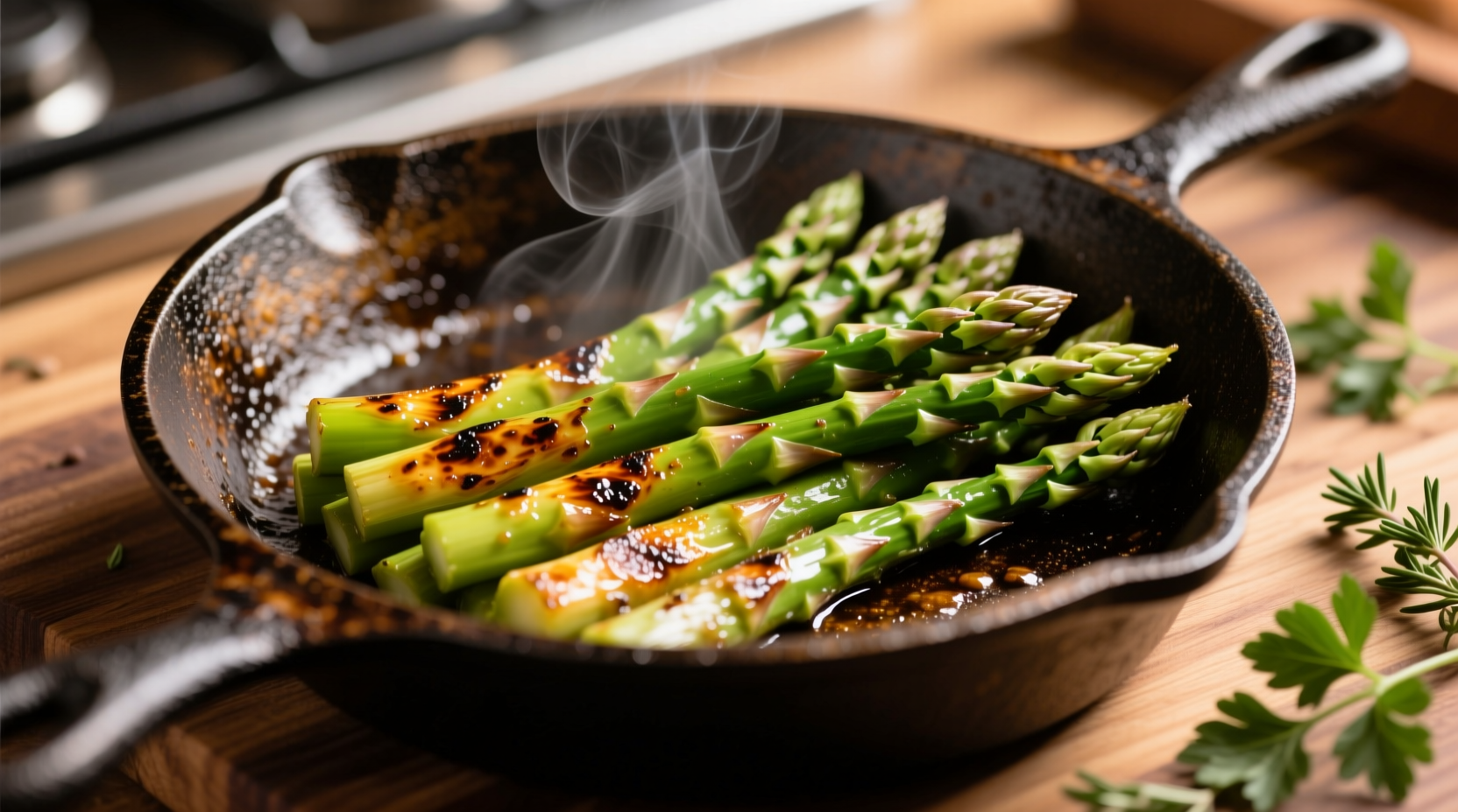 Perfectly seared asparagus in cast iron skillet