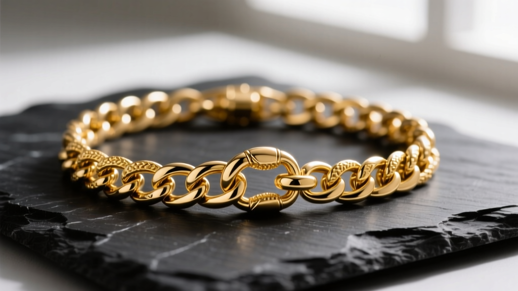 Macro close-up of a durable 14k yellow gold box chain with a secure lobster clasp on dark slate, highlighting the metal texture