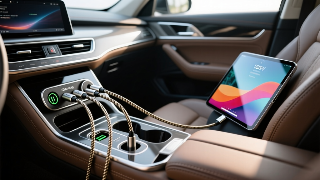 Car center console showing a 160W four-port charger in the 12V socket with braided USB-C cables connected to rear-seat tablets