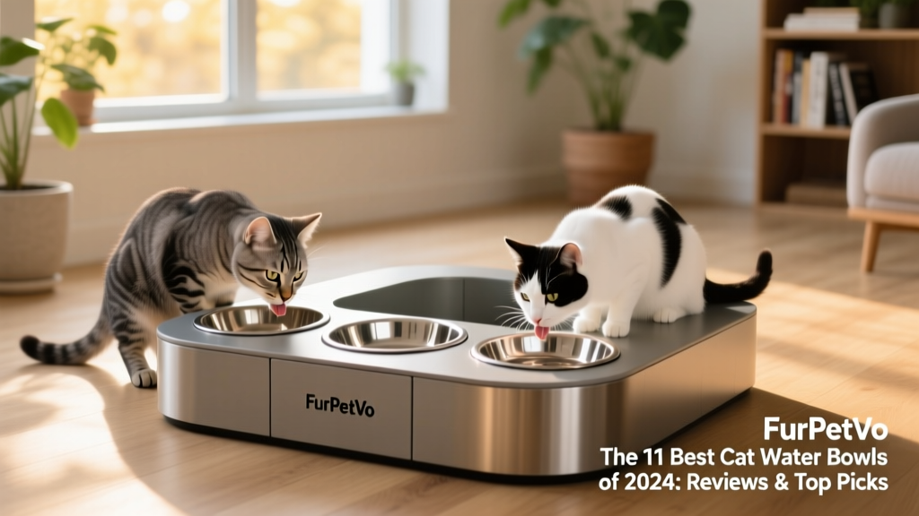 FurPetVo Modular Hydration Station with three connected bowls in a U-shaped configuration, used by two cats simultaneously