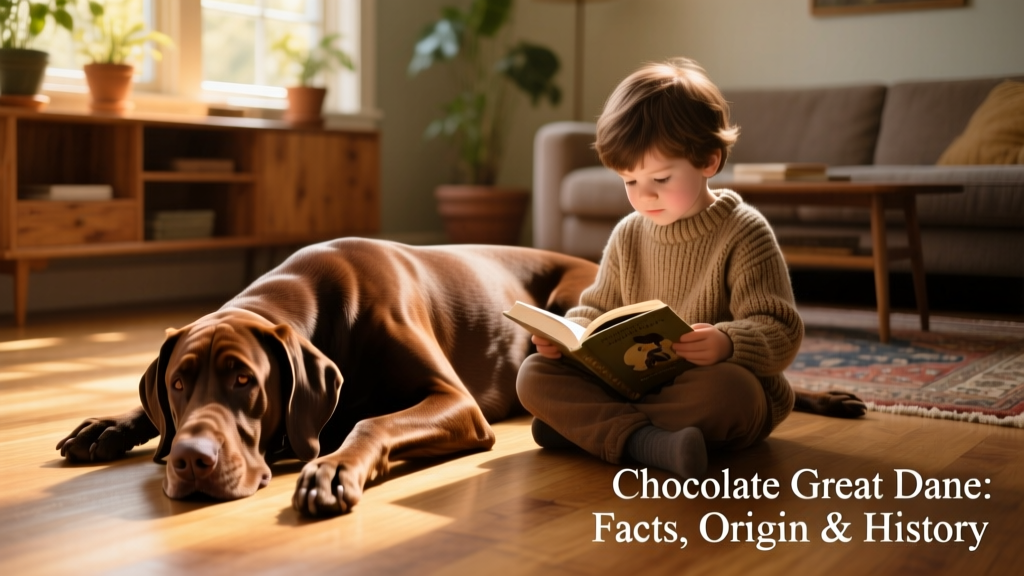 A young Chocolate Great Dane resting calmly beside a child reading on the floor