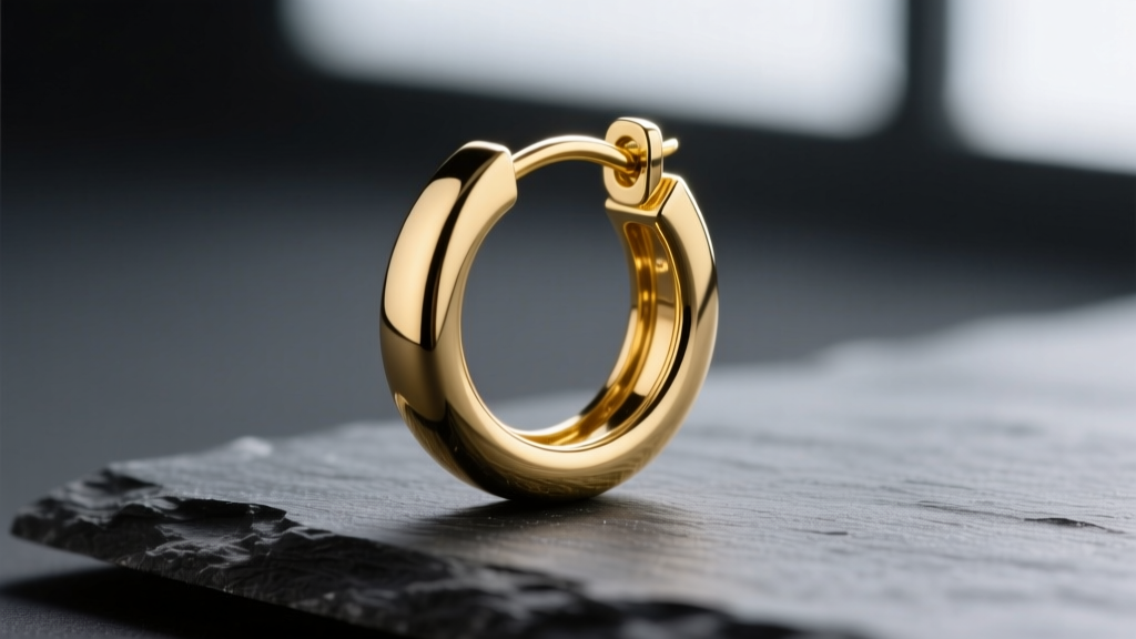 Macro photography of a polished 14k yellow gold 9mm hoop earring resting on dark slate, highlighting the hinged clicker joint