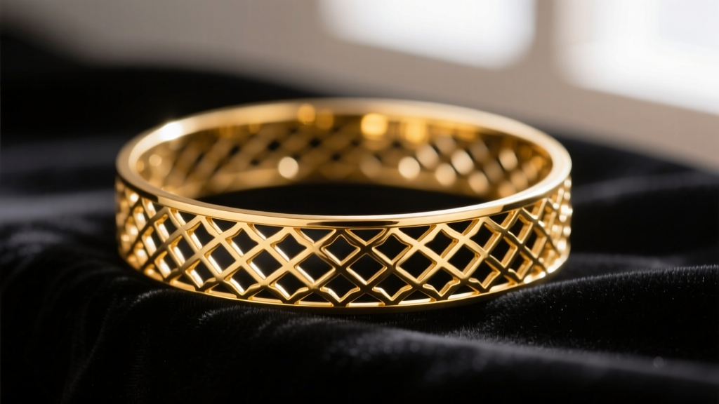Close-up of a 21k gold filigree bangle on dark velvet, highlighting intricate Arabic geometric patterns and high-polish finish