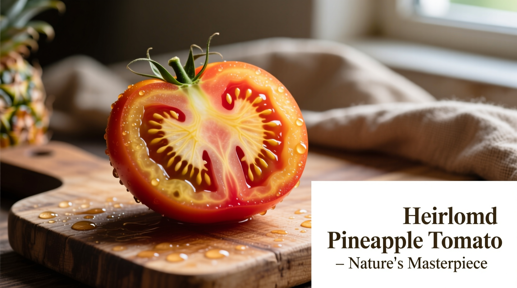Ripe pineapple heirloom tomato sliced open showing marbled interior