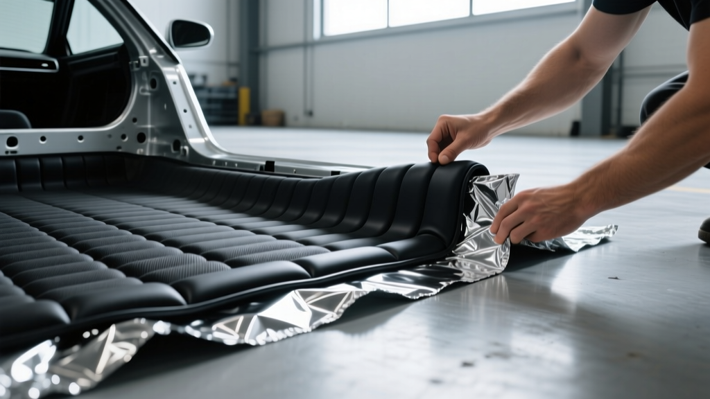 Close-up of butyl rubber sound deadening mats with aluminum foil backing being applied to the bare metal floor pan of a car chassis