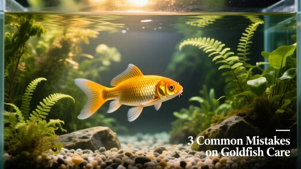 A healthy goldfish swimming gracefully in a well-planted, spacious aquarium with clear water