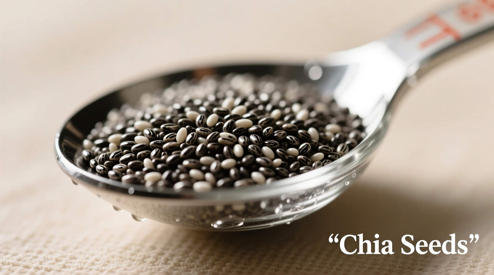 Close-up of chia seeds in glass measuring spoon