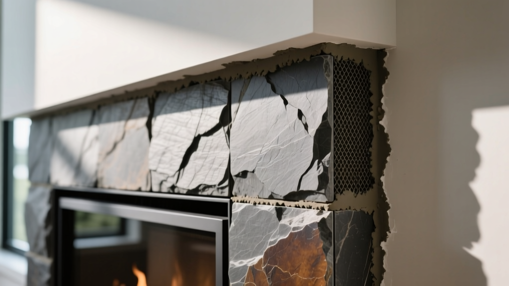 Close-up of mesh-backed slate tile stone veneer pressed into modified thinset mortar on a modern interior fireplace surround