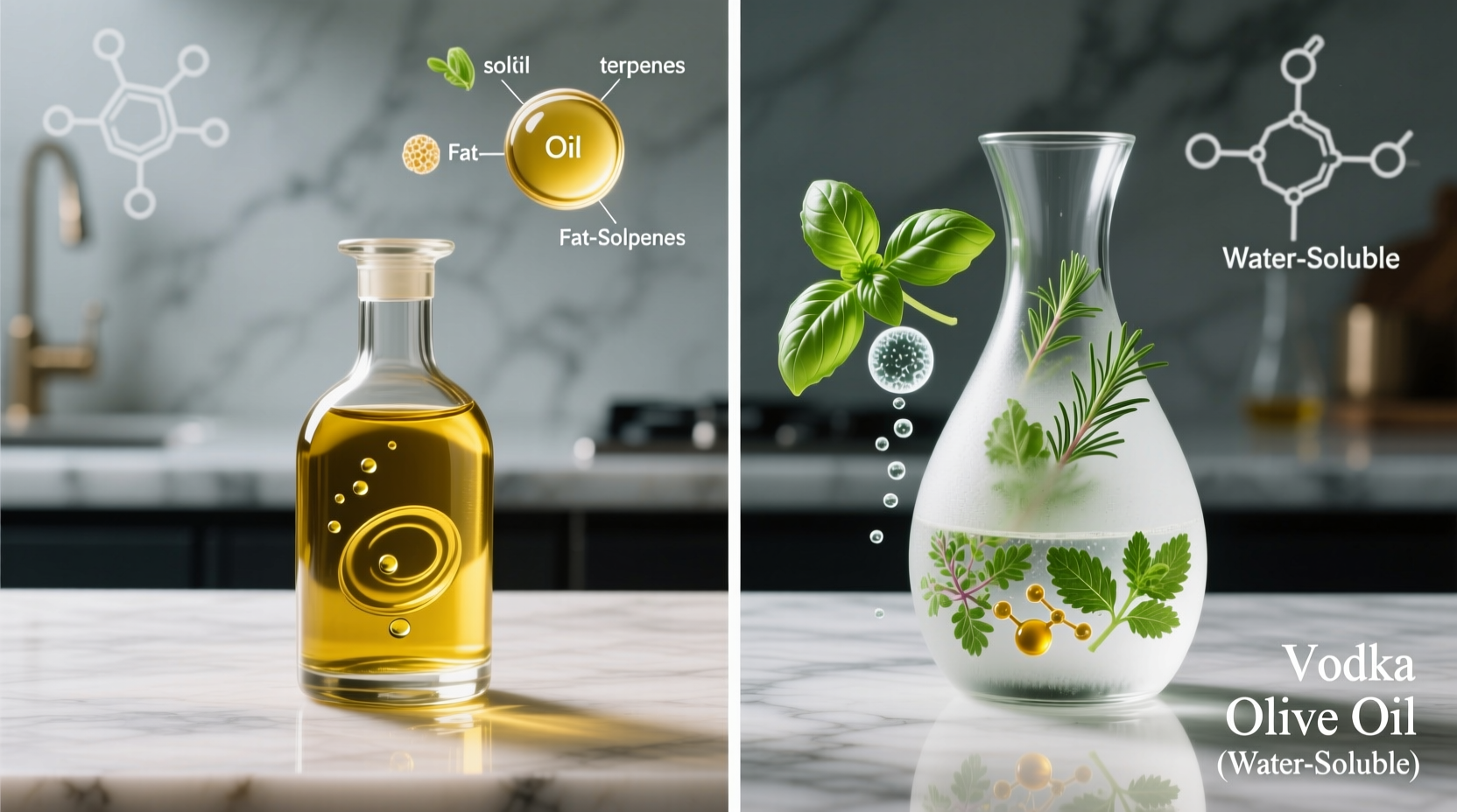 infused olive oil vs herb-infused vodka for savory cocktails—does fat solubility change botanical release