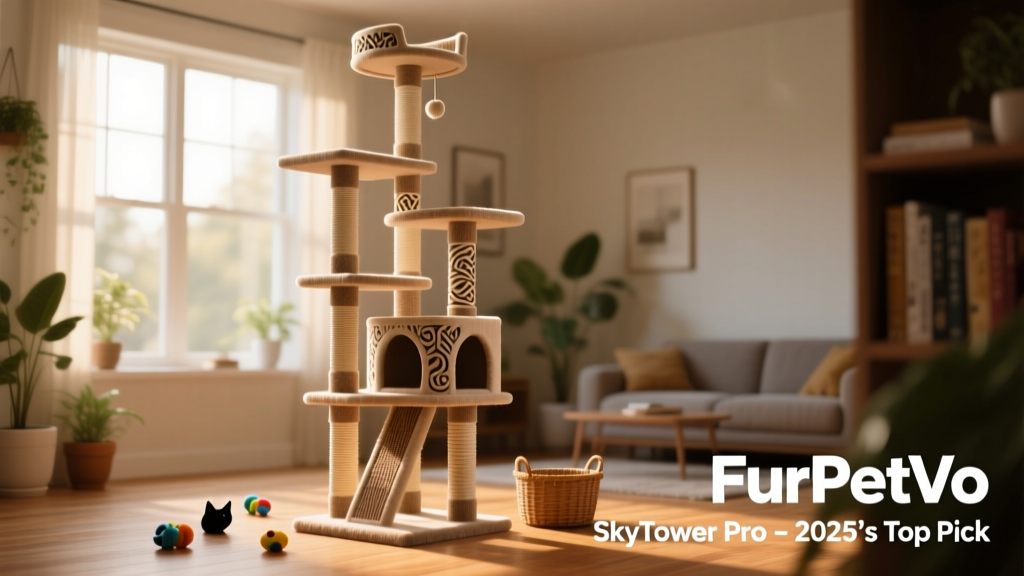 Side view of the FurPetVo SkyTower Pro showing its height, tiered platforms, and textured scratching posts
