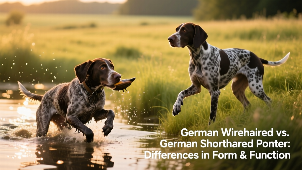 A German Wirehaired Pointer retrieving from water and a German Shorthaired Pointer pointing intently in a grassy field