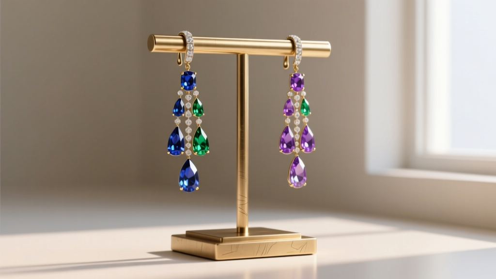Side profile of a heavy brass T-bar jewellery earring stand with weighted base supporting three long gemstone chandelier earrings