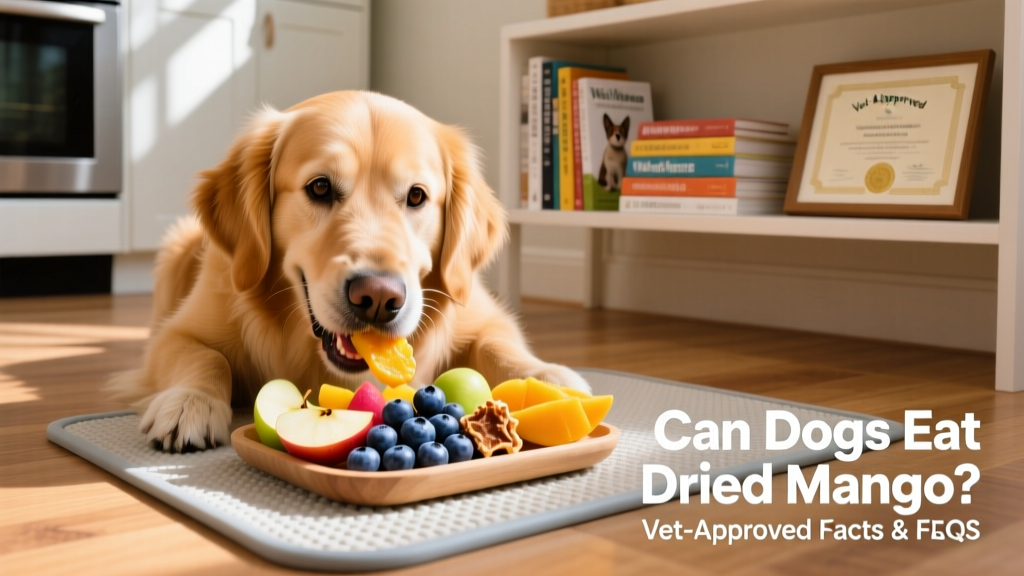 A happy dog enjoying a mix of safe fruits—blueberries, apple slices, and a tiny piece of dried mango—on a pet-safe feeding mat