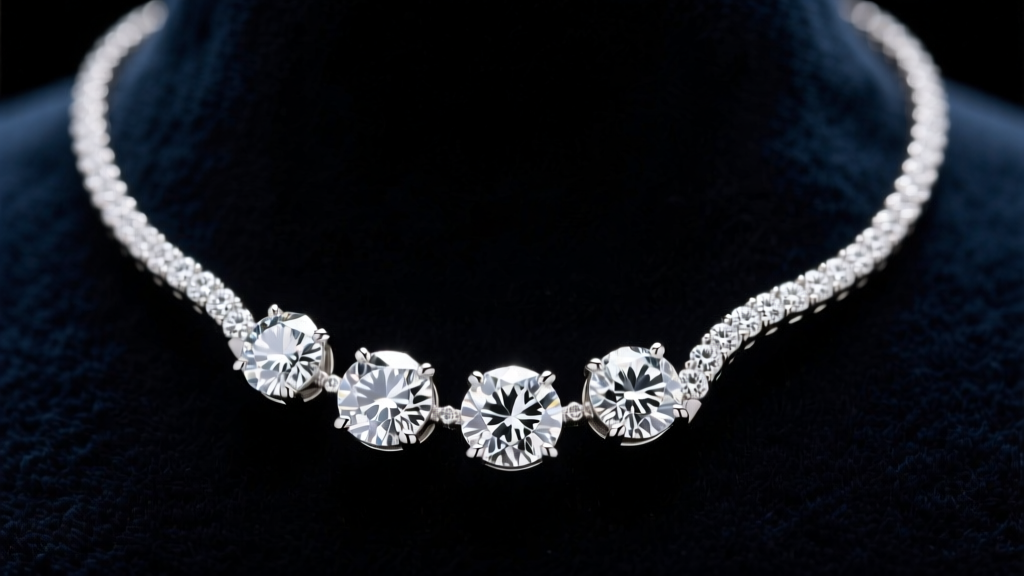 Close-up of a five-stone journey diamond necklace in platinum, featuring graduating round diamonds curving against dark velvet