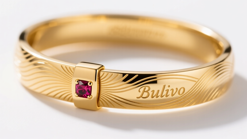 Macro shot of an 18k yellow gold bracelet showing hand-engraved Bulino texturing and a small hidden ruby accent on the secure clasp