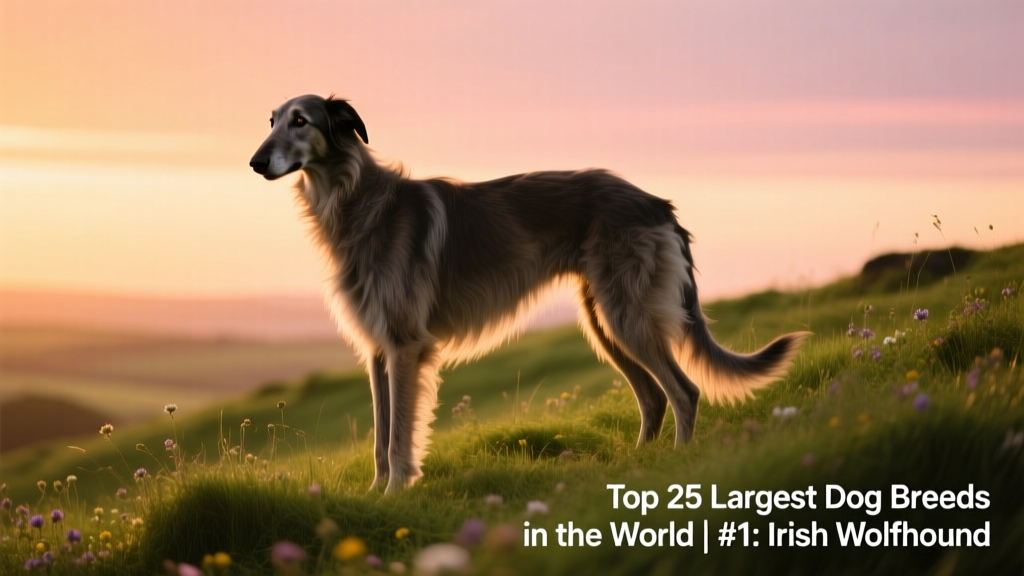 An Irish Wolfhound standing tall and alert on a grassy hillside at sunset