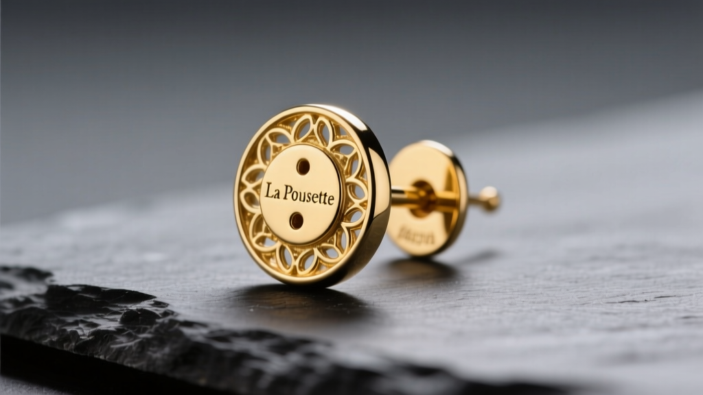 Close-up macro photography of a 14k yellow gold La Pousette locking earring back resting on a dark slate surface, studio lighting.