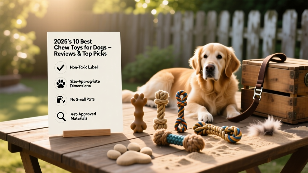 Infographic showing chew toy safety checklist: non-toxic label, size-appropriate dimensions, no small parts, and vet-approved materials