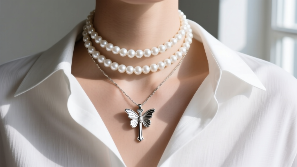 Layered stack with a 14-inch pearl choker and an 18-inch silver butterfly cross pendant against a crisp white linen shirt.