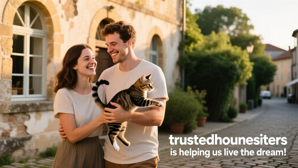 Julie and Jake smiling together outdoors in front of a European building, holding a small cat
