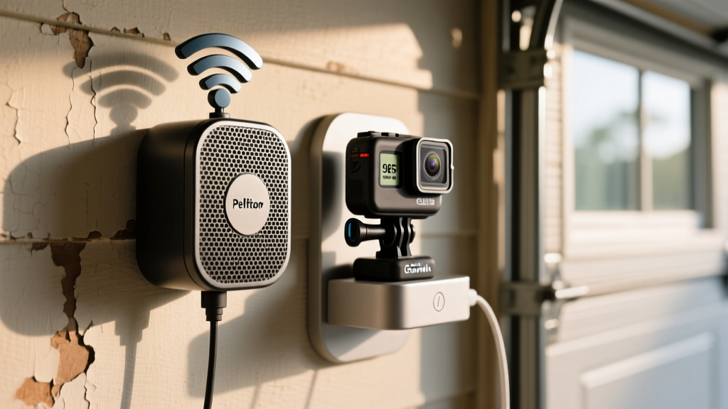 Close-up of a mesh Wi-Fi node mounted on a garage wall next to a Peloton Guide camera and a Garmin Forerunner 965 charging on a magnetic dock