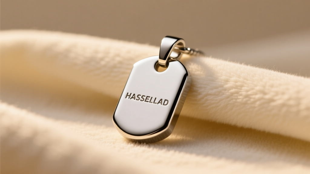 Close-up of a polished 316L stainless steel medical alert pendant resting on a microfiber cloth under warm, soft studio lighting.