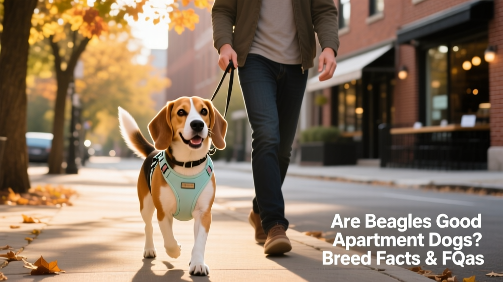 A happy Beagle wearing a lightweight harness, walking calmly beside their owner on a tree-lined city sidewalk
